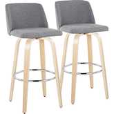 Toriano 30" Swivel Bar Stool in Natural Wood & Grey Fabric with Chrome Footrest (Set of 2)